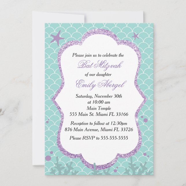 Bat Mitzvah Invitation Under The Sea Purple Teal (Front)