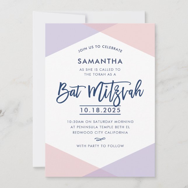 BAT MITZVAH INVITE hand lettered pale pink purple (Front)