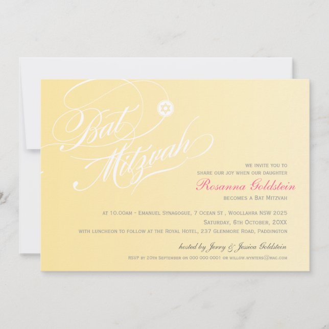 BAT MITZVAH INVITE stylish typography ombre yellow (Front)