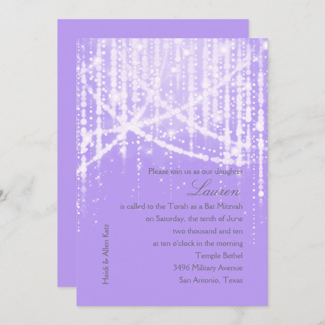 Bat Mitzvah Lavender Purple Sparkly Lights Invitation (Front/Back)