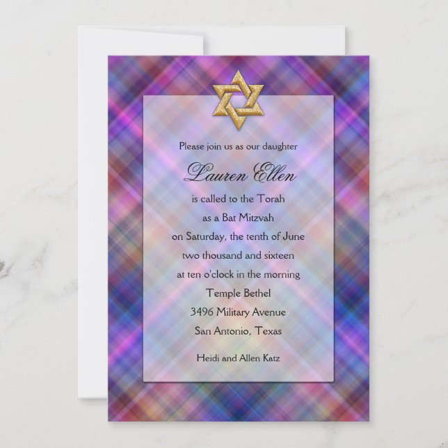 Bat Mitzvah Layered Look Plaid Invitation (Front)