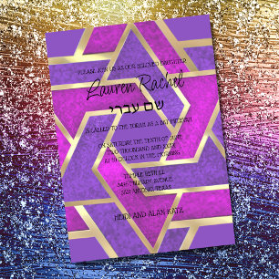 Bat Mitzvah Layered Stars of David Purple Pink Invitation