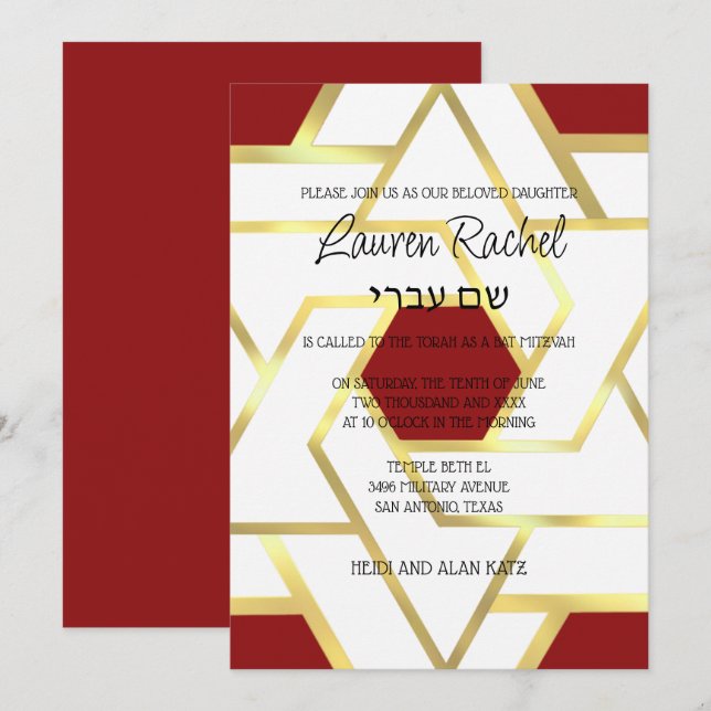 Bat Mitzvah Layered Stars of David White & Any Hue Invitation (Front/Back)
