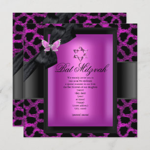 Bat Mitzvah Leopard Pink Butterfly Invitation