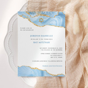 Bat Mitzvah, Light Blue and Gold Glitter Agate  Invitation
