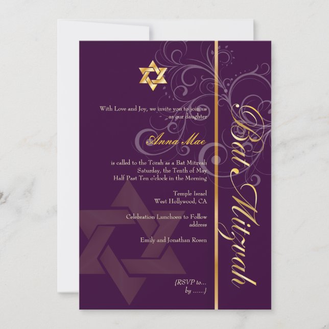 Bat Mitzvah/lilac/plum/gold/diy background colour Invitation (Front)