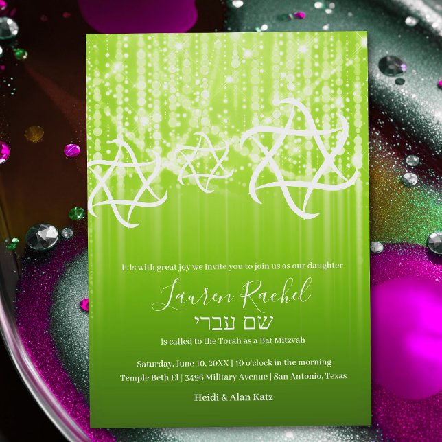 Bat Mitzvah Lime Grass Green Sparkly Lights Invitation (Creator Uploaded)