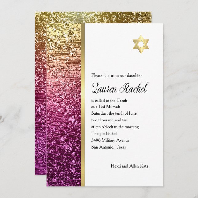 Bat Mitzvah Magenta Pink and Gold Glittery Invitation (Front/Back)