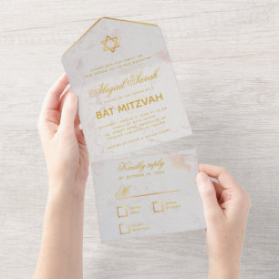 Bat Mitzvah Marble Faux Gold Star Elegant Script All In One Invitation