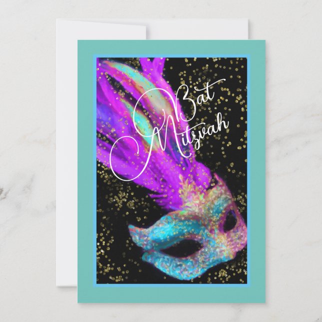 Bat Mitzvah Masquerade Black Pink Blue Invitation (Back)