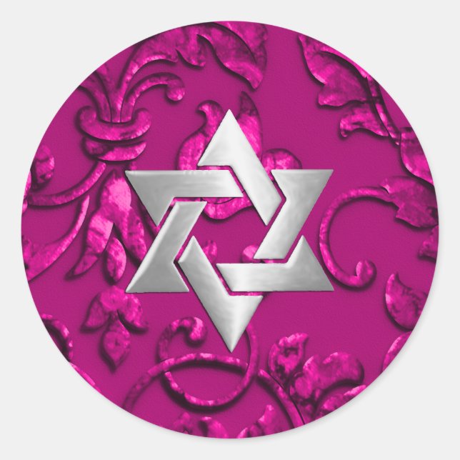 Bat Mitzvah Metallic Embossed Look Damask Magenta Classic Round Sticker (Front)