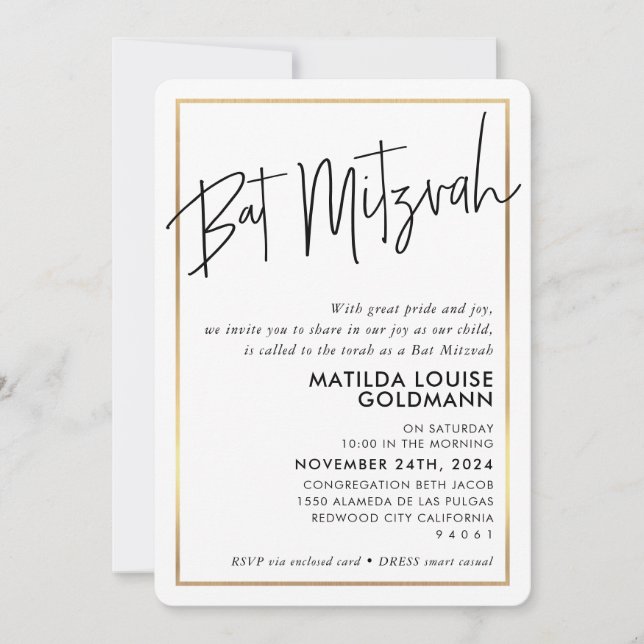 BAT MITZVAH minimal modern black white gold frame Invitation (Front)