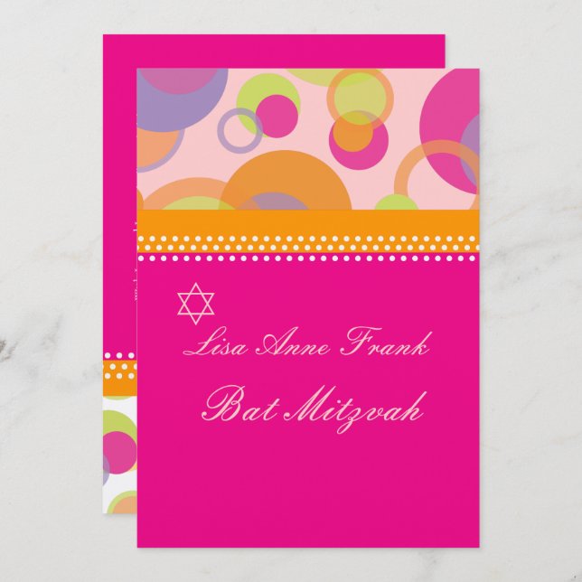 Bat  Mitzvah+Mod Bubbles/orange/hot pink Invitation (Front/Back)
