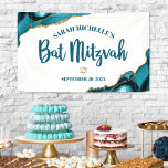 Bat Mitzvah Modern Agate Gold Turquoise Script Banner<br><div class="desc">Be proud, rejoice and showcase this milestone of your favourite Bat Mitzvah! Hang up this cool, unique, modern, personalised banner to add to her special day. Dark teal blue script typography and a faux gold Star of David overlay a simple, clean white background with turquoise blue agate rocks accented with...</div>