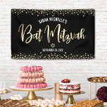Bat Mitzvah Modern Black Gold Foil Glitter Script Banner<br><div class="desc">Be proud, rejoice and showcase this milestone of your favourite Bat Mitzvah! Hang up this stunning, modern, stylish, personalised banner to add to her special day. Sparkly, gold faux foil calligraphy script and confetti glitter dots overlay a sophisticated, dramatic black background. Personalise the custom text with your Bat Mitzvah’s name...</div>