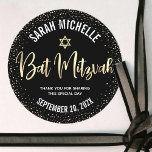 Bat Mitzvah Modern Black Gold Foil Glitter Script Classic Round Sticker<br><div class="desc">Be proud, rejoice and celebrate this milestone of your favourite Bat Mitzvah whenever you use this sophisticated, personalised sticker! Sparkly gold faux foil handwritten script, a Star of David and tiny confetti glitter dots, with bold, white sans serif typography, overlay a sophisticated, dramatic black background. Personalise the custom text with...</div>