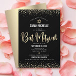 Bat Mitzvah Modern Black Gold Glitter Foil Script  Invitation<br><div class="desc">Be proud, rejoice and showcase this milestone of your favourite Bat Mitzvah! Send out this stunning, modern, sophisticated, personalised invitation for an event to remember. Graphic faux gold foil calligraphy script, Star of David, and confetti, overlay a rich, dramatic, black background. A faux gold Star of David overlays a faux...</div>