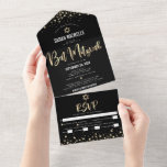 Bat Mitzvah Modern Black Gold Glitter Script Party All In One Invitation<br><div class="desc">Be proud, rejoice and showcase this milestone of your favourite Bat Mitzvah! Send out this stunning, modern, custom all-in-one invitation for an event to remember. Sparkly gold faux foil, glitter dots and typography script overlay a rich, dramatic, black background. This all-in-one product is an unique combination of a custom invitation,...</div>
