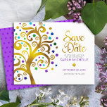 Bat Mitzvah Modern Bold Purple Gold Tree of Life Save The Date<br><div class="desc">Make sure all your friends and relatives will be able to celebrate your daughter’s milestone Bat Mitzvah! Send out this stunning, graphic faux gold foil tree with sparkly turquoise, teal, purple and blue Star of David and dot “leaves” on a white background, personalised “Save the Date” announcement card. A tiny,...</div>