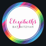 BAT MITZVAH modern colourful rainbow bright stripe Classic Round Sticker<br><div class="desc">by kat massard >>> https://linktr.ee/simplysweetpaperie <<< 
Love the design,  but would like to see some changes - another colour scheme,  product,  add a photo or adapted for a different occasion - no worries simply contact me,  kat@simplysweetPAPERIE.com - I am happy to help!</div>