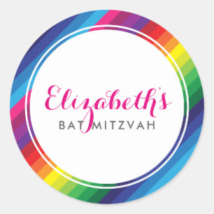 BAT MITZVAH modern colourful rainbow bright stripe Classic Round Sticker