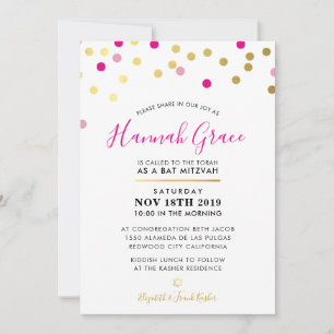BAT MITZVAH modern fun confetti spots gold pink Invitation
