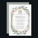 Bat Mitzvah Modern Geometric Floral Star of David Invitation<br><div class="desc">Design is composed of delicate watercolor floral flower botanicals and green greenery leaf foliage on a simple white background. A simple star of david adorns the geometrical frame. 

Available here:
http://www.zazzle.com/store/selectpartysupplies</div>