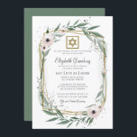 Bat Mitzvah Modern Geometric Floral Star of David Invitation<br><div class="desc">Design is composed of delicate watercolor floral flower botanicals and green greenery leaf foliage on a simple white background. A simple star of david adorns the geometrical frame. 

Available here:
http://www.zazzle.com/store/selectpartysupplies</div>
