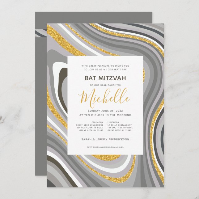 Bat Mitzvah Modern Glitter Agate Invitation (Front/Back)
