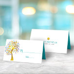 Bat Mitzvah Modern Gold and Teal Foil Tree of Life Place Card<br><div class="desc">No Bat Mitzvah party is complete without personalised place cards. Let your favourite Bat Mitzvah be proud, rejoice and celebrate her milestone at her perfectly coordinated party. This sophisticated, chic, stunning, graphic faux gold foil tree with sparkly purple, turquoise, teal and blue Star of David and dot “leaves” and teal...</div>