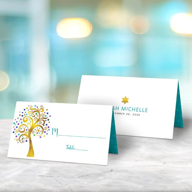 Bat Mitzvah Modern Gold and Teal Foil Tree of Life Place Card (Creator Uploaded)