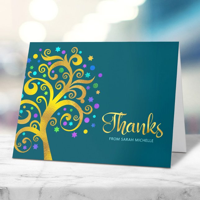 Bat Mitzvah Modern Gold Foil Tree of Life on Teal Thank You Card (Creator Uploaded)