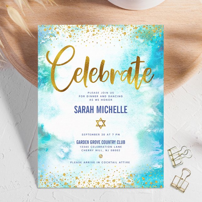 Bat Mitzvah modern gold foil turquoise watercolor Enclosure Card (Creator Uploaded)