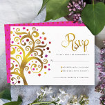 Bat Mitzvah Modern Gold Red Foil Tree of Life RSVP Card<br><div class="desc">Be proud, rejoice and showcase this milestone of your favourite Bat Mitzvah! Include this graphic faux gold foil tree with sparkly pink, orange, and red Star of David and dot “leaves” on a white background, personalised RSVP insert card for your event. A tiny, dark red Star of David pattern overlaying...</div>