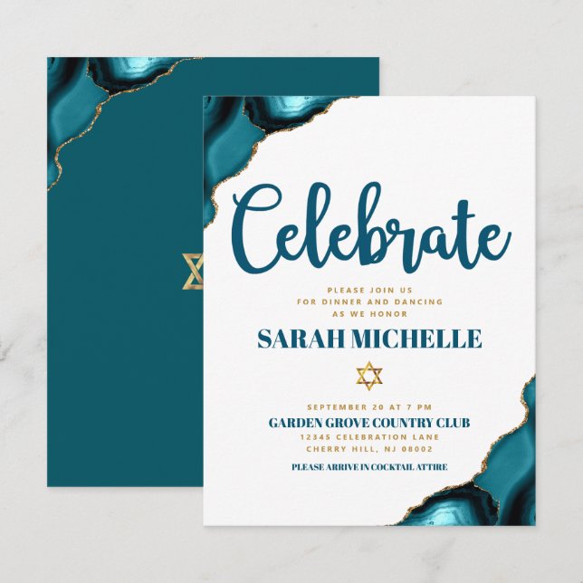 Bat Mitzvah Modern Gold Turquoise Agate Script Enclosure Card (Front/Back)
