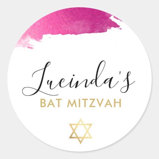 BAT MITZVAH modern luxe gilded gold pink black Classic Round Sticker (Front)