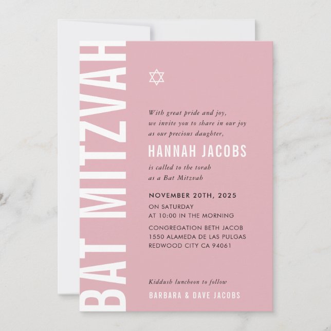 BAT MITZVAH modern minimal bold girl dusky pink Invitation (Front)