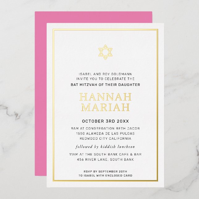 BAT MITZVAH modern minimal star border pink Foil I (Front/Back)