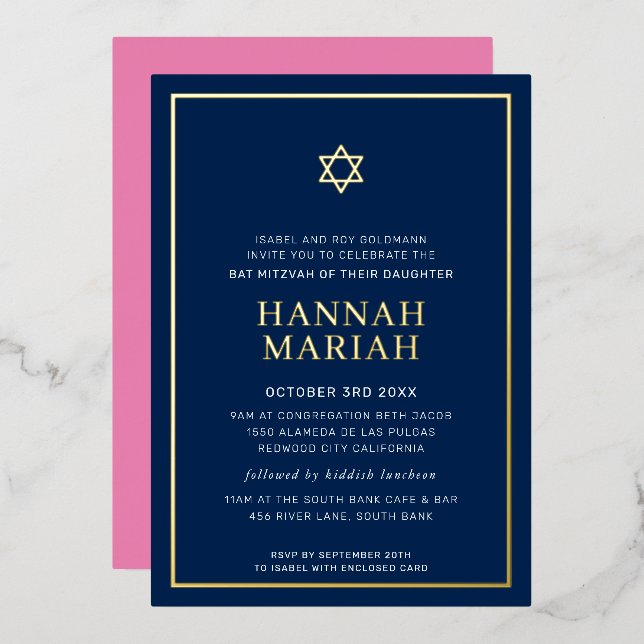 BAT MITZVAH modern minimal star border pink navy (Front/Back)