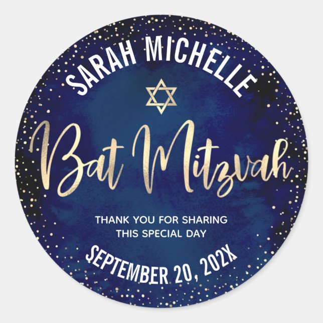 Bat Mitzvah Modern Navy Blue Gold Glitter Script Classic Round Sticker (Front)