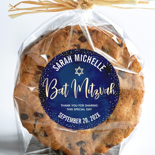 Bat Mitzvah Modern Navy Blue Gold Glitter Script Classic Round Sticker (Creator Uploaded)