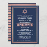 Bat Mitzvah Modern Navy Blue Pink Rose Gold Trendy Invitation<br><div class="desc">Invite family and friends to an elegant bat mitzvah ceremony and celebration with a stylish custom navy blue, white, and pink rose gold invitation. All text on this template is simple to customise with any wording regarding the service, Torah reading, and party. The design features trendy faux rose gold foil...</div>