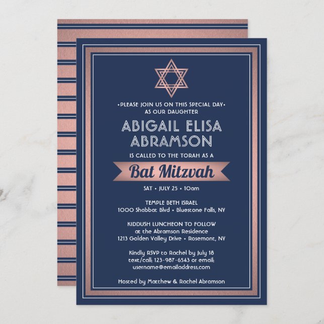 Bat Mitzvah Modern Navy Blue Pink Rose Gold Trendy Invitation (Front/Back)