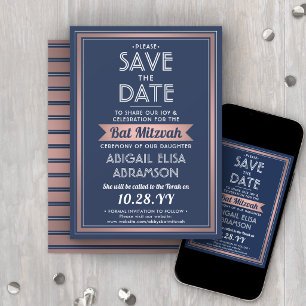 Bat Mitzvah Modern Navy Blue Pink Rose Gold Trendy Save The Date