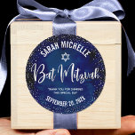 Bat Mitzvah Modern Navy Blue Silver Glitter Script Classic Round Sticker<br><div class="desc">Be proud, rejoice and celebrate this milestone of your favourite Bat Mitzvah whenever you use this sophisticated, personalised sticker! Sparkly silver faux foil handwritten script, a Star of David and tiny confetti glitter dots, with bold, white sans serif typography, overlay a sophisticated, dramatic navy blue watercolor background. Personalise the custom...</div>