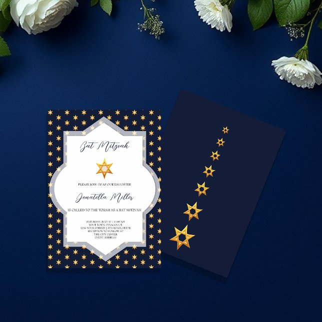 Bat Mitzvah Modern Navy Blue Star Of David Invitation (Creator Uploaded)