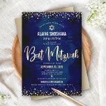 Bat Mitzvah Modern Navy Gold Foil Glitter Script Invitation<br><div class="desc">Be proud, rejoice and showcase this milestone of your favourite Bat Mitzvah! Send out this stunning, modern, sophisticated, personalised Hebrew name invitation for an event to remember. Graphic faux gold foil calligraphy script, Star of David, and confetti, overlay a rich, dramatic, navy blue watercolor background. A faux gold Star of...</div>