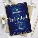 Bat Mitzvah Modern Navy Gold Glitter Foil Script Invitation<br><div class="desc">Be proud, rejoice and showcase this milestone of your favourite Bat Mitzvah! Send out this stunning, modern, sophisticated, personalised invitation for an event to remember. Graphic faux gold foil calligraphy script, Star of David, and glitter confetti, overlay a rich, dramatic, navy blue watercolor background. A faux gold Star of David...</div>