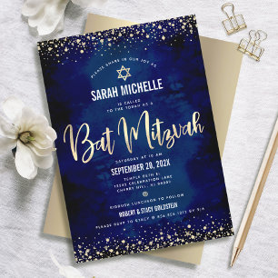 Bat Mitzvah Modern Navy Gold Glitter Foil Script Invitation