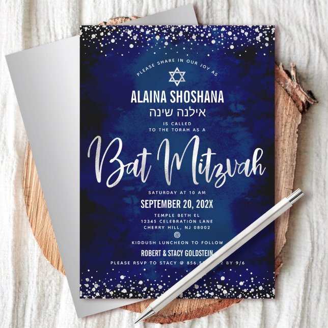 Bat Mitzvah Modern Navy Silver Foil Glitter Script Invitation (Creator Uploaded)